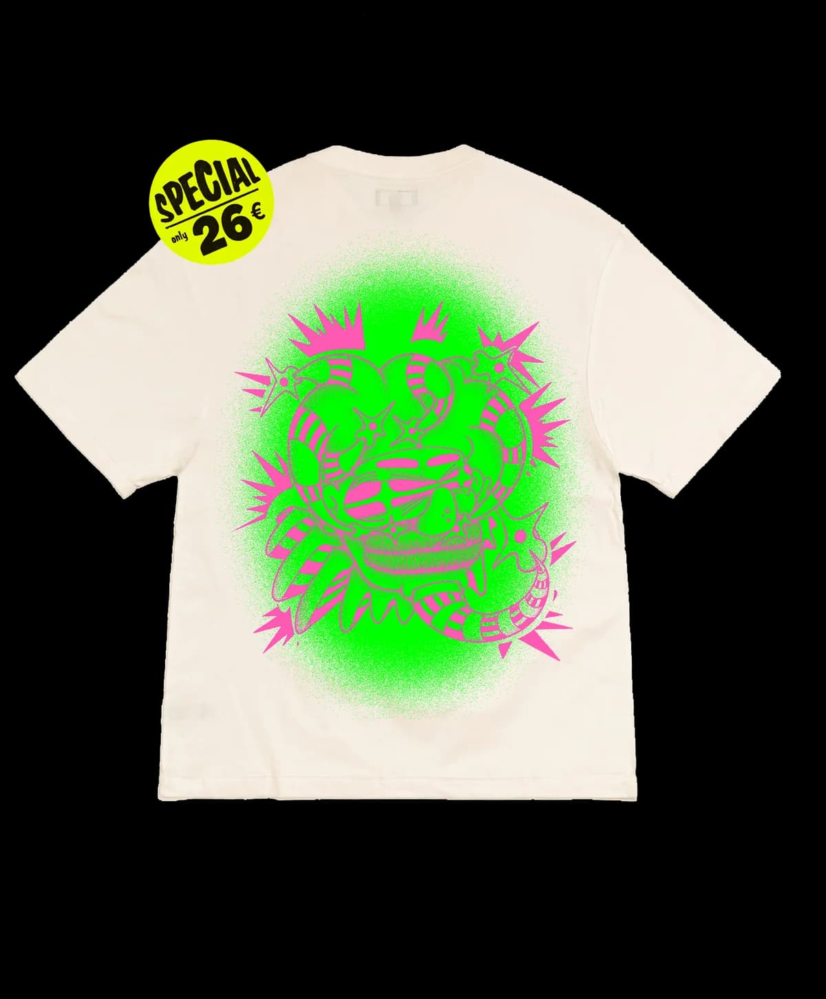 T-shirt écru, tag vert fluo et rose