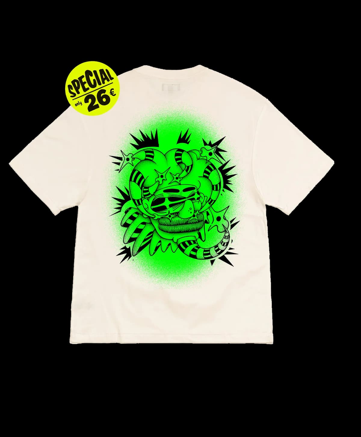 T-shirt écru, dessin vert fluo