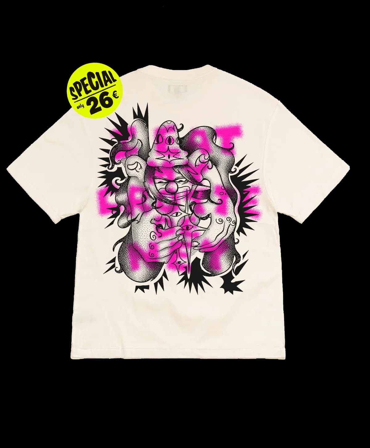 T-shirt écru, silhouettes roses et argent