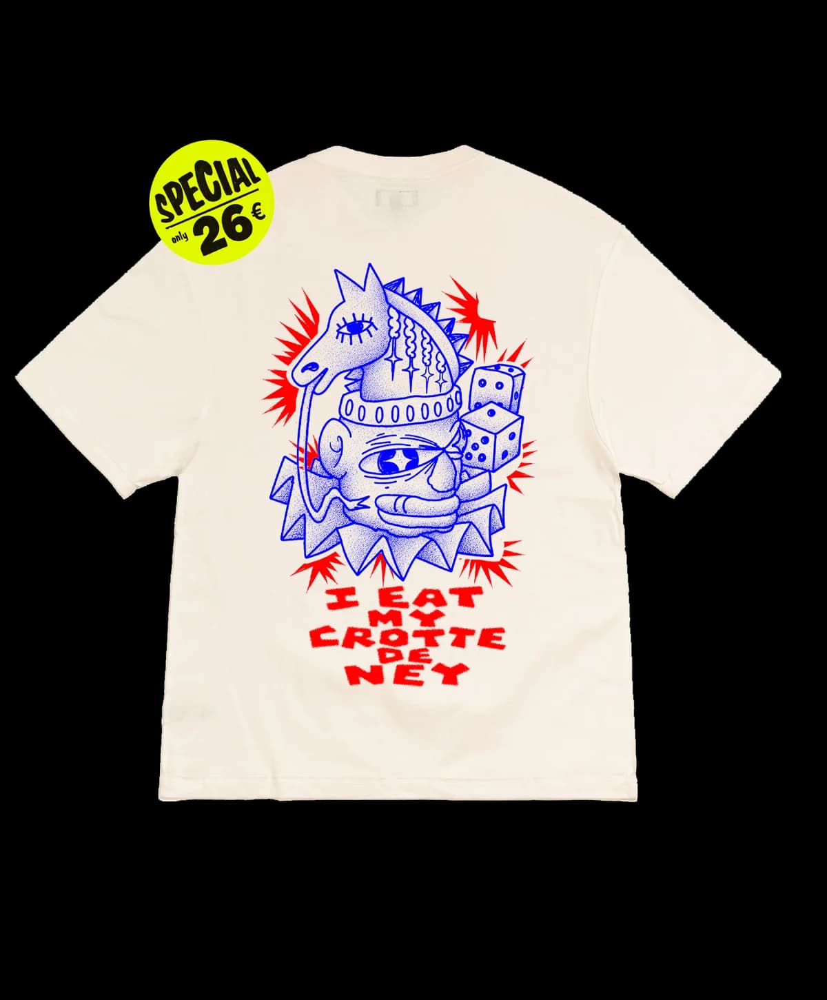 T-shirt écru, cheval bleu « I eat my crotte de ney »