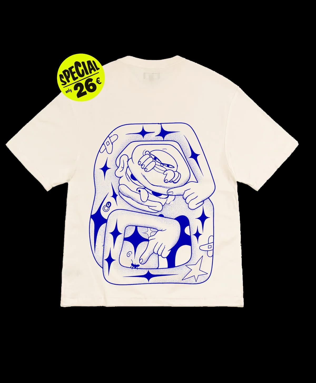 T-shirt écru, personnage bleu dans un cadre